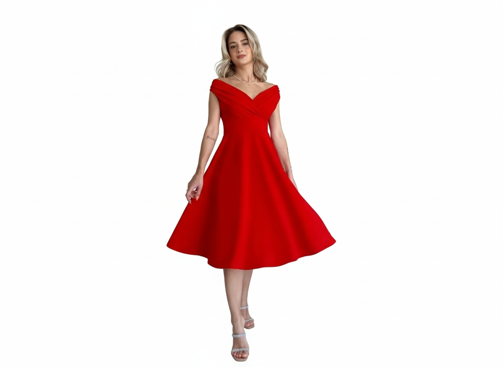 Kadın Kısa Kollu Kruvaze Yaka Eteği Volanlı Krep Elbise