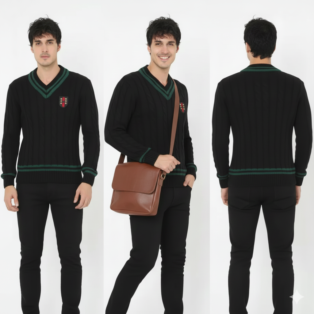 Erkek V Yaka Örgülü Kazak - Siyah.