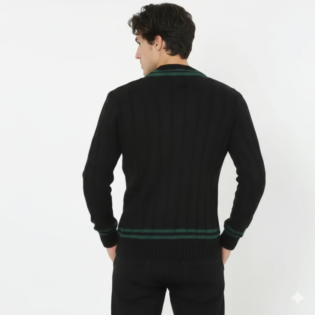 Erkek V Yaka Örgülü Kazak - Siyah.