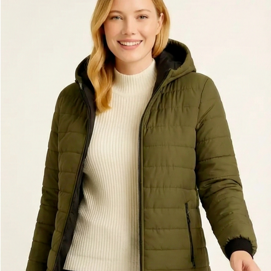 Kadın Şişme Kapüşonlu Fermuarlı Mont