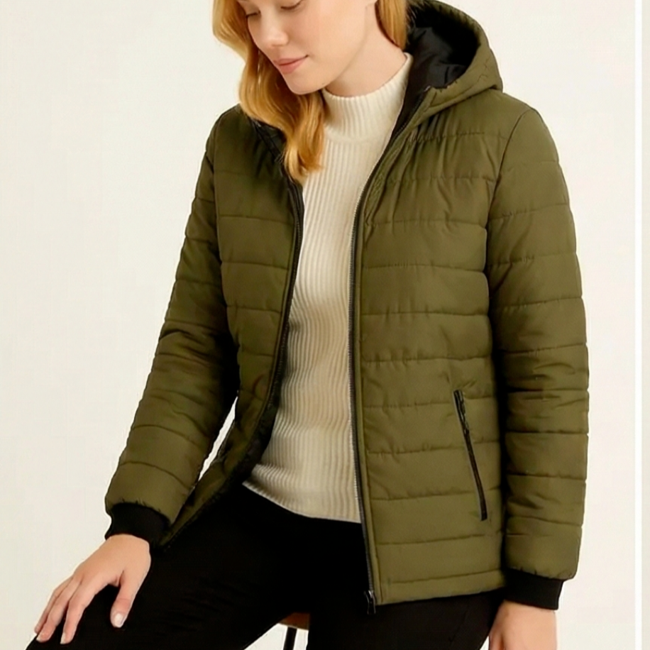 Kadın Şişme Kapüşonlu Fermuarlı Mont