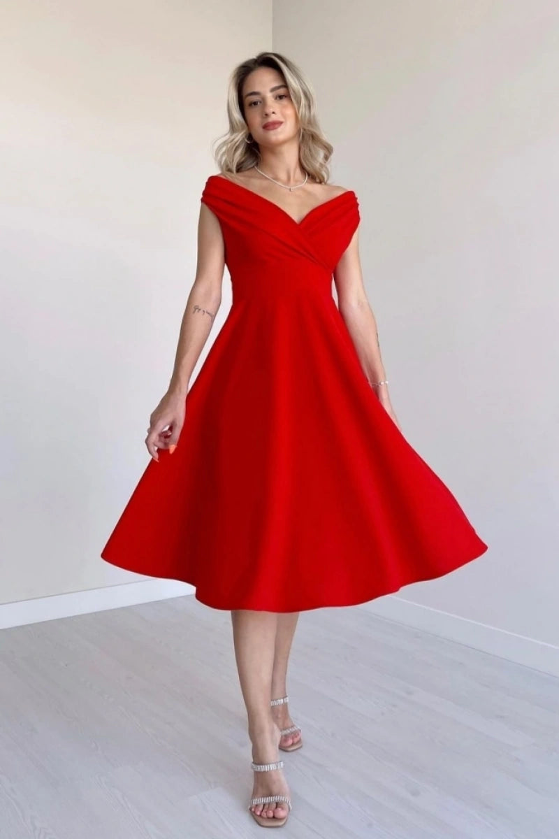 Kadın Kısa Kollu Kruvaze Yaka Eteği Volanlı Krep Elbise