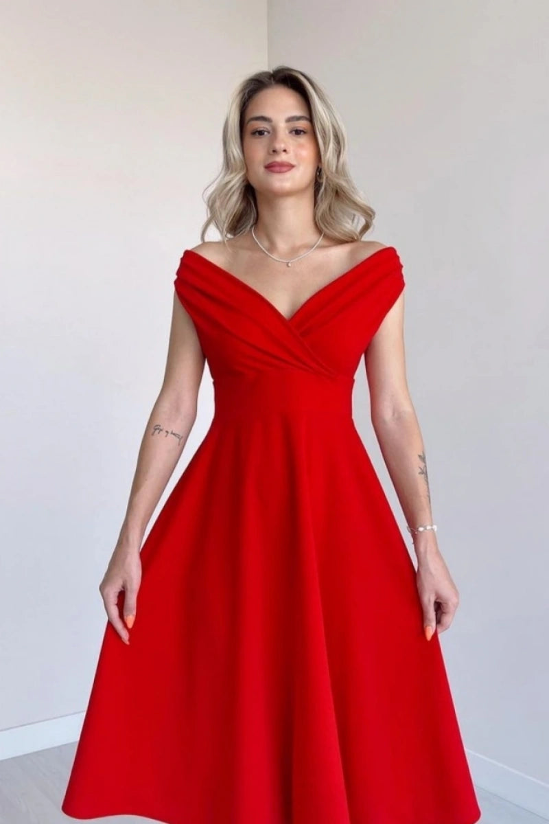 Kadın Kısa Kollu Kruvaze Yaka Eteği Volanlı Krep Elbise