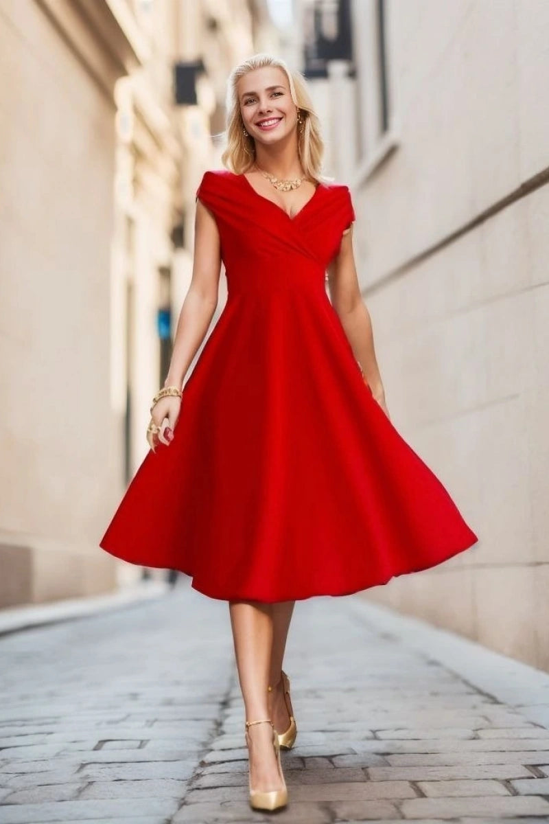 Kadın Kısa Kollu Kruvaze Yaka Eteği Volanlı Krep Elbise