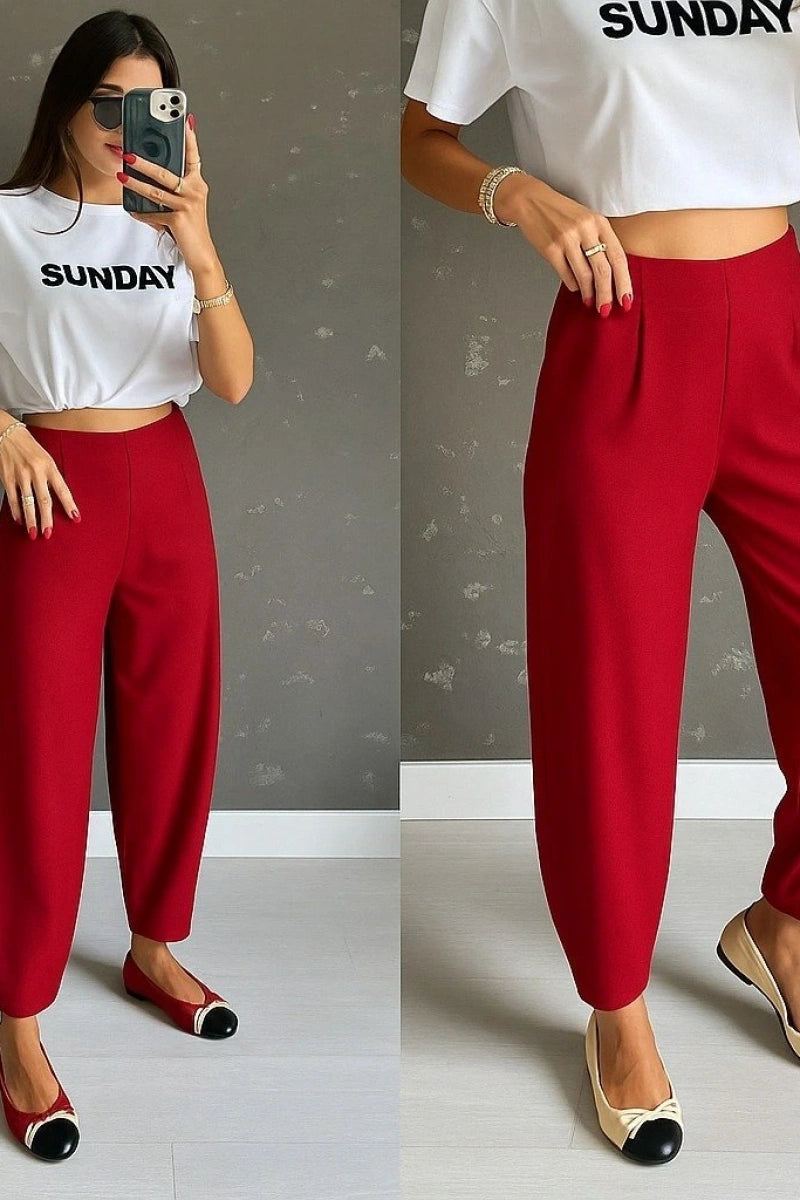Yüksek Bel Krep Pantolon | Kırmızı ile İddialı Adımlar