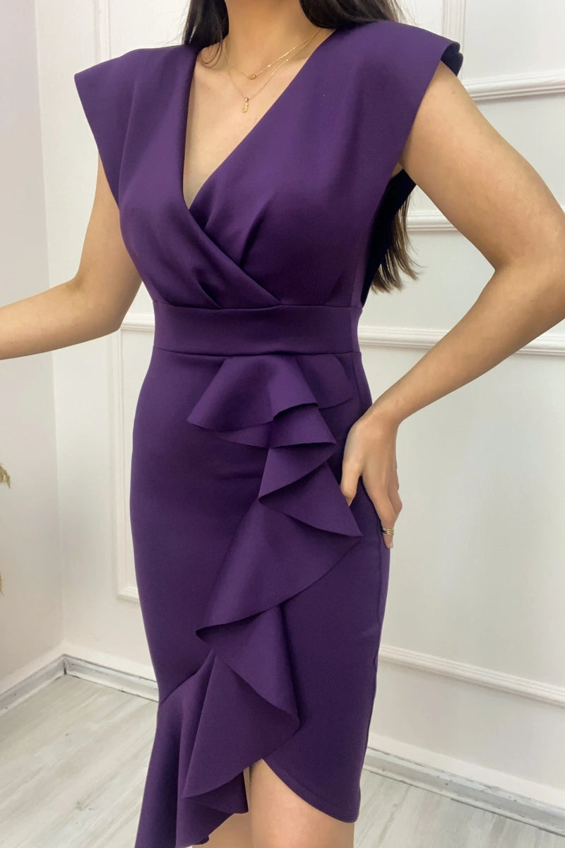 Scuba Kumaş Önü Fırfırlı Midi Elbise | Morun Büyüsü